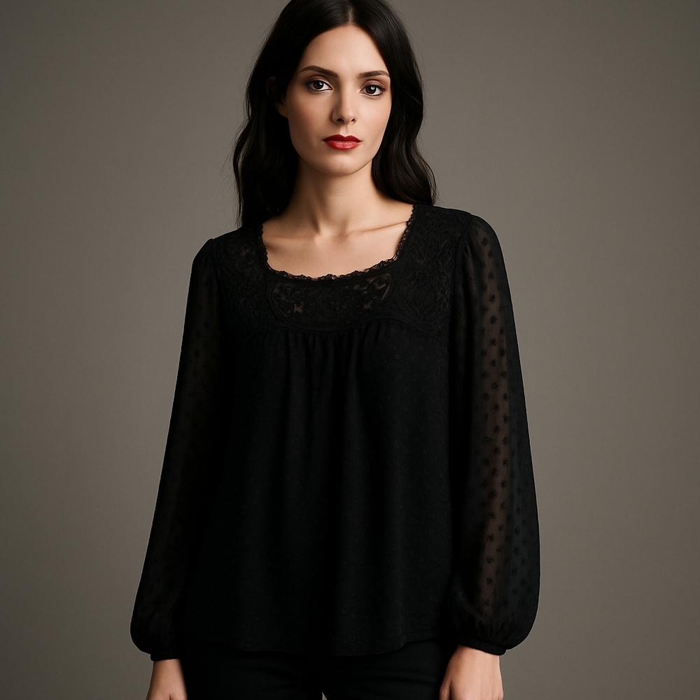 Elle Sheer Lace Blouse Womens L Top Swiss Dots Sparkles Gothic Grunge Whimsygoth